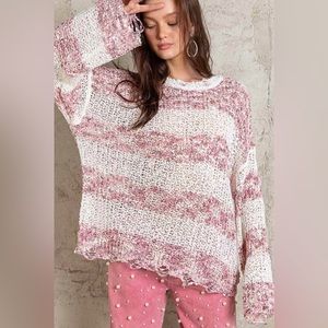 POL Ivory and Mauve Open Weave Lightweight Sweater